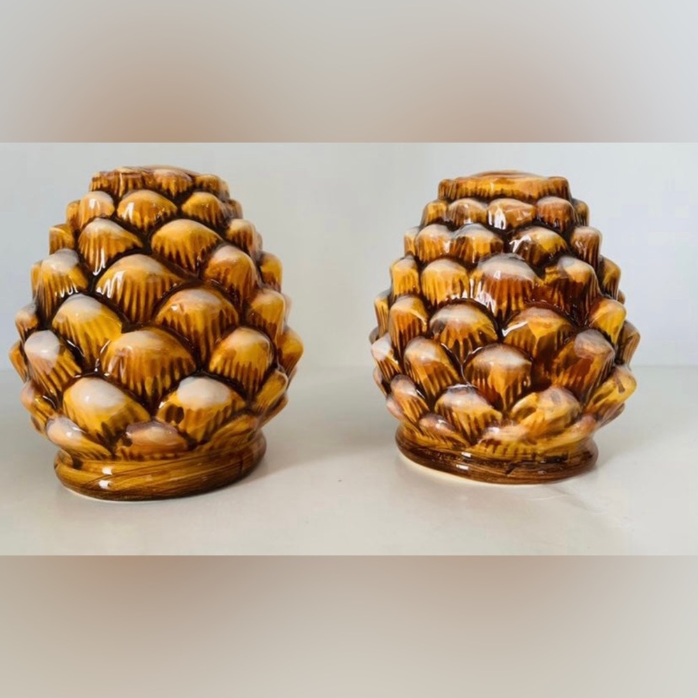 Pine Cone Salt and Pepper Shakers Ceramic Woodland Camp Winter Cottage read*